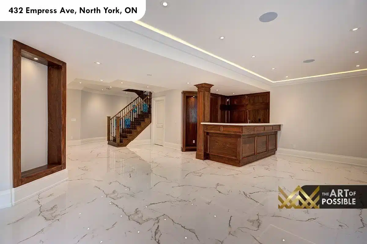 432 Empress Ave - lower level rec room with polished marble floors and walnut wet bar