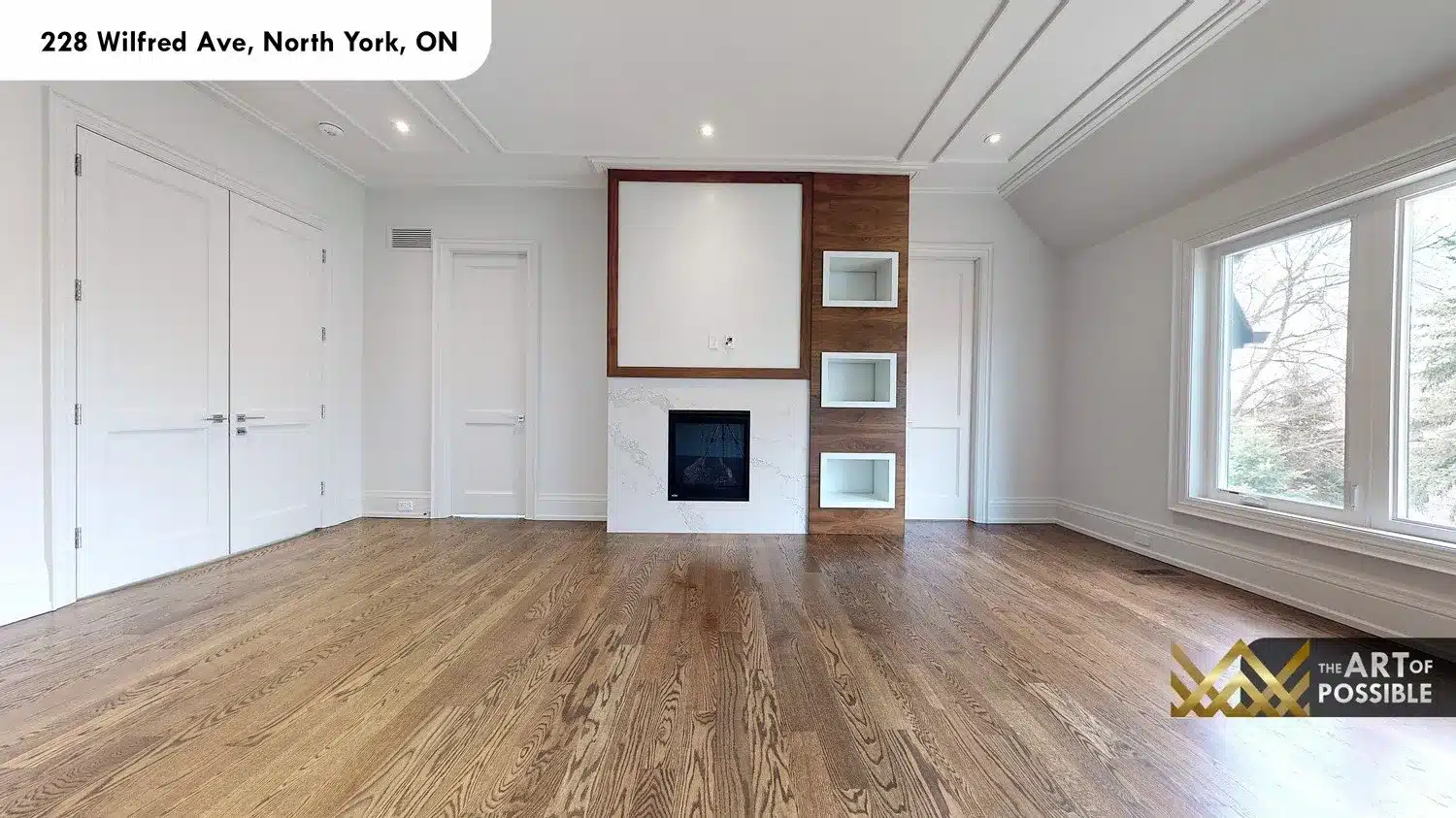 228 Wilfred Ave primary bedroom fireplace walnut panel niches hardwood floors