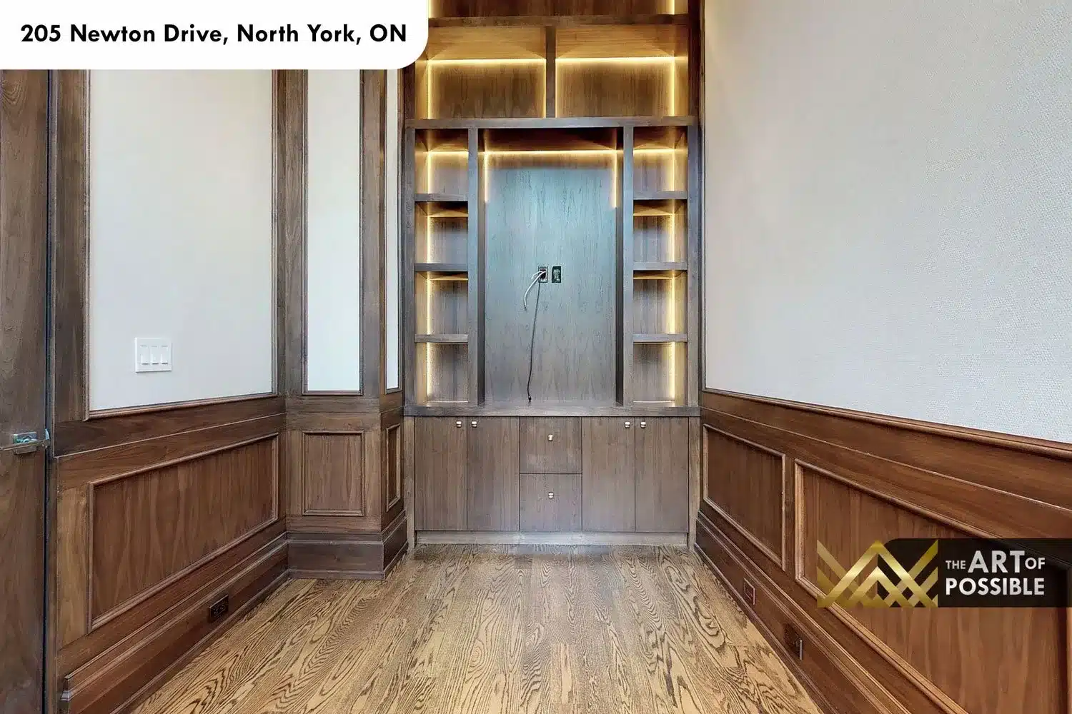 205 Newton Drive study walnut wainscoting LED built-in shelving