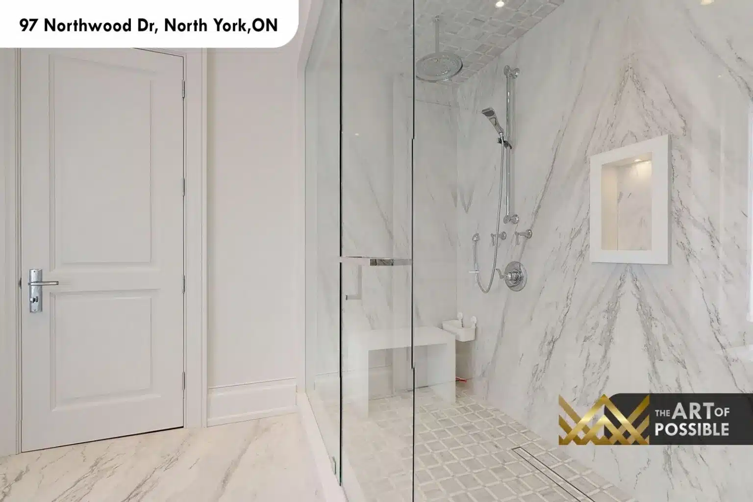 97 Northwood Dr ensuite shower white marble slab walls mosaic tile floor built-in niche chrome fixtures