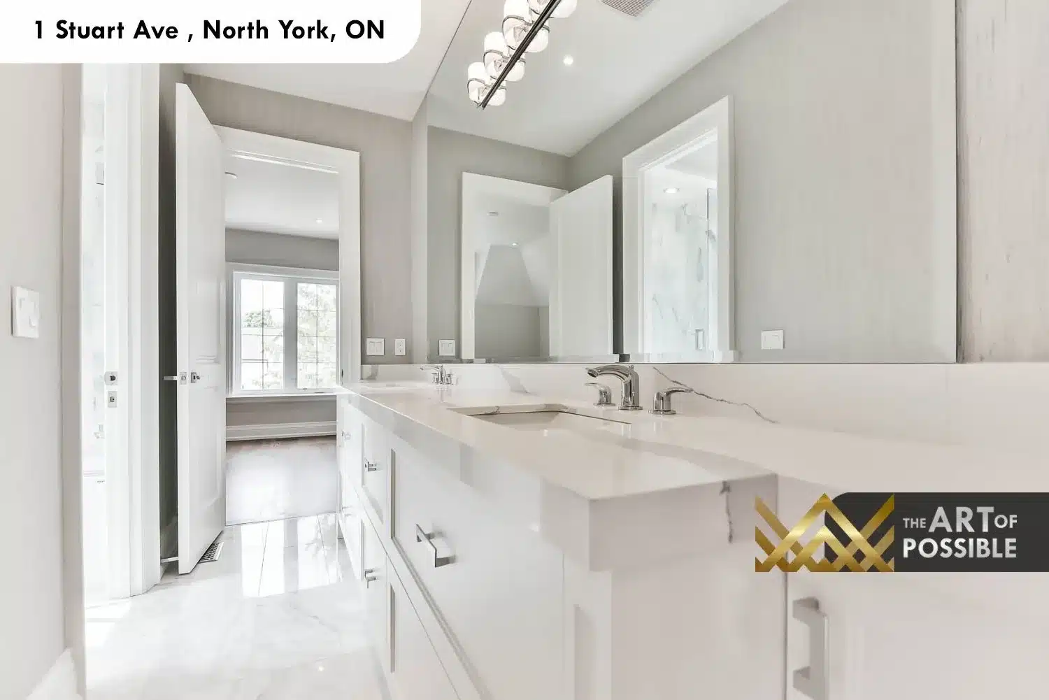 1 Stuart Ave secondary bathroom white double vanity marble glass shower