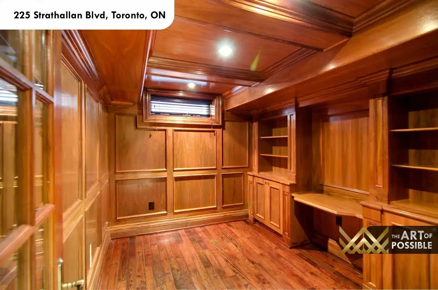 225 Strathallan Blvd Toronto - Wood-panelled basement den with coffered wood ceiling