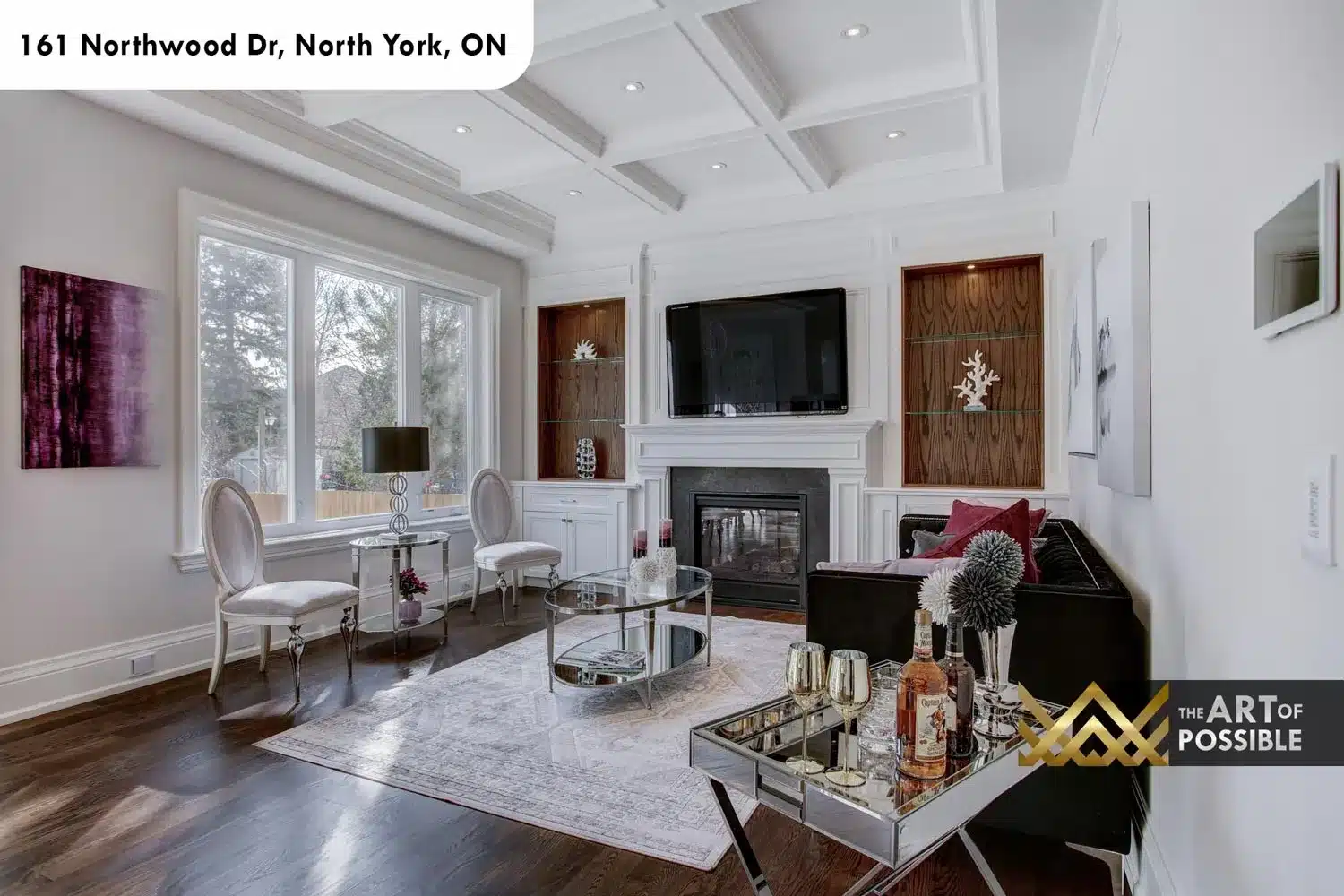 161 Northwood Dr North York family room coffered ceiling walnut built in niches fireplace