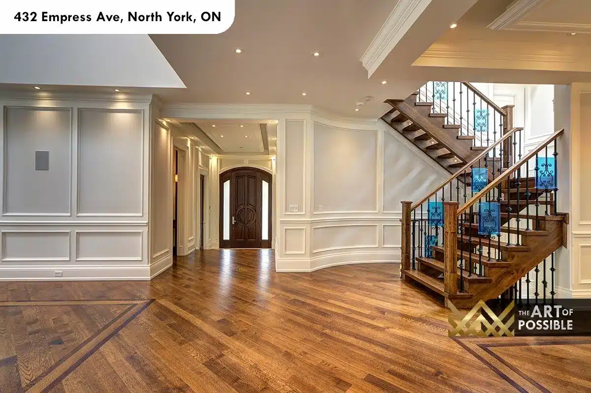 432 Empress Ave - open-tread walnut staircase with black iron and blue glass balusters