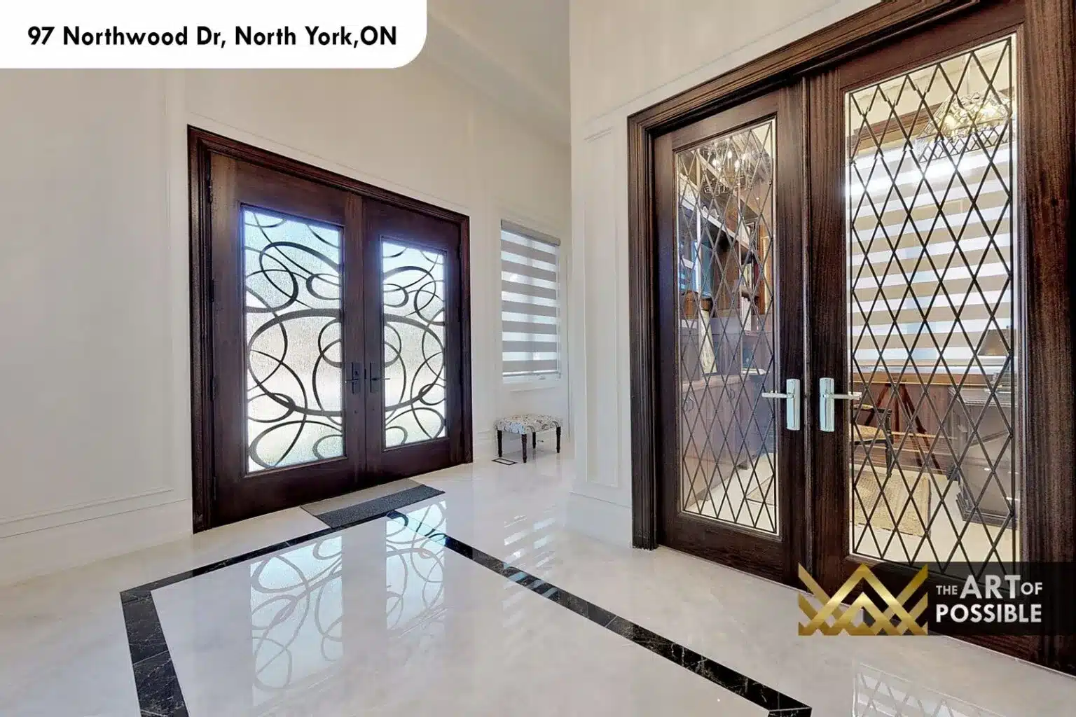 97 Northwood Dr foyer interior white marble floors black border inlay
