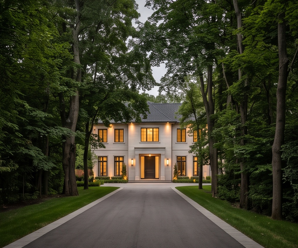 Bridle Path/Post Road-area-inspired long setback and broad understated driveway in mature tree cover; never label generated frontage as a precise real Post Road view.