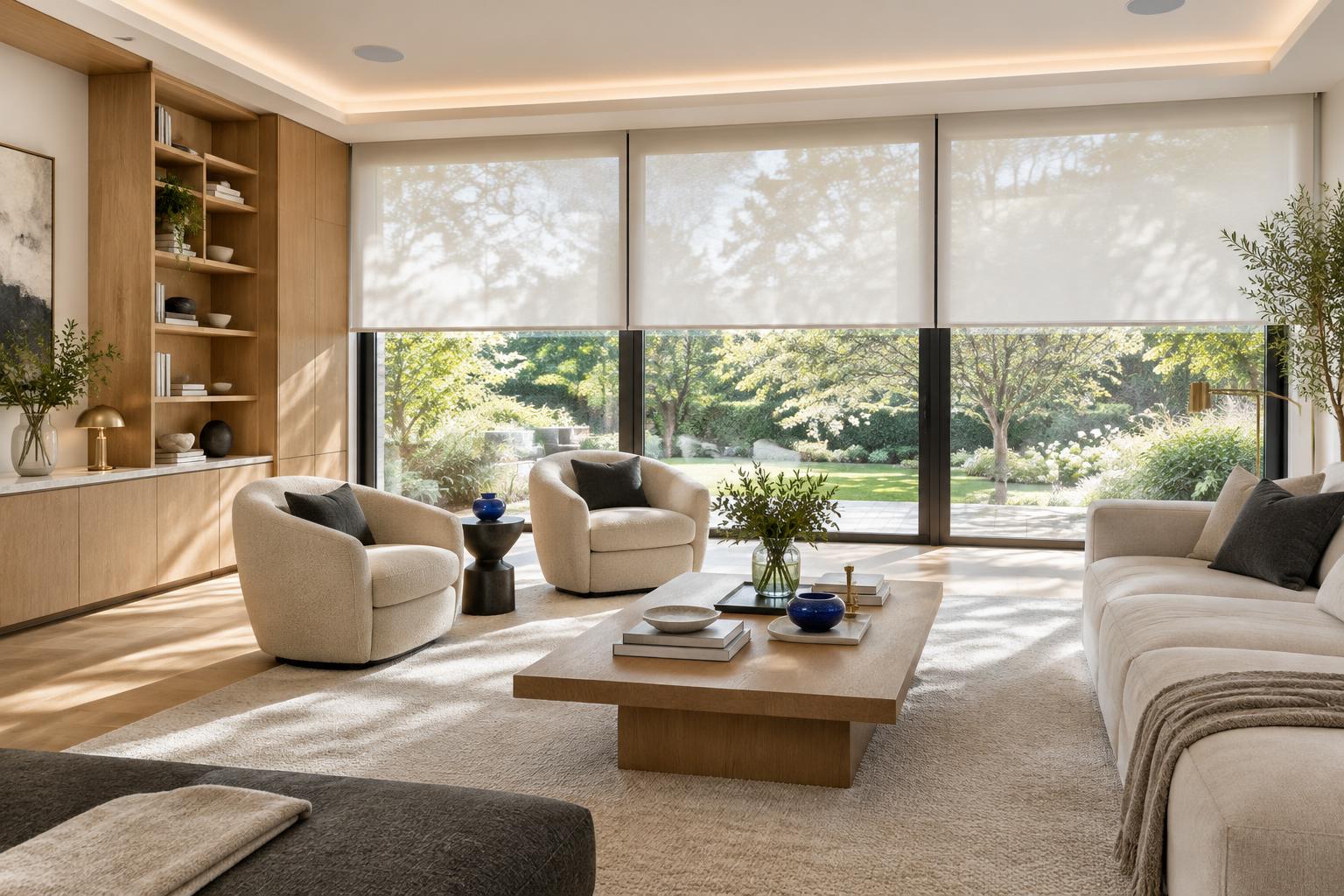 A luxury living room with integrated control panel, motorised shades and architectural lighting