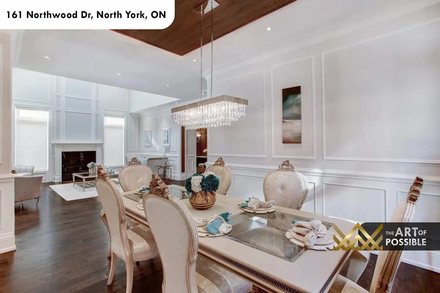 161 Northwood Dr North York dining room rectangular crystal chandelier marble fireplace view to living