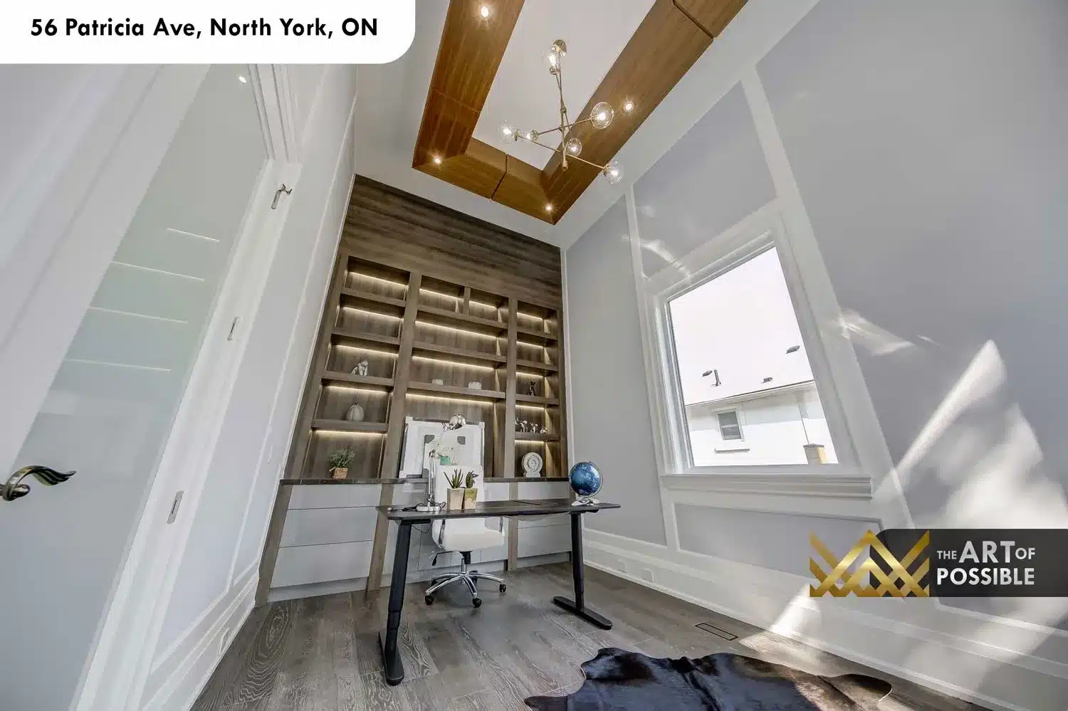 Home office ceiling detail with walnut inlay and brass chandelier at 56 Patricia Ave