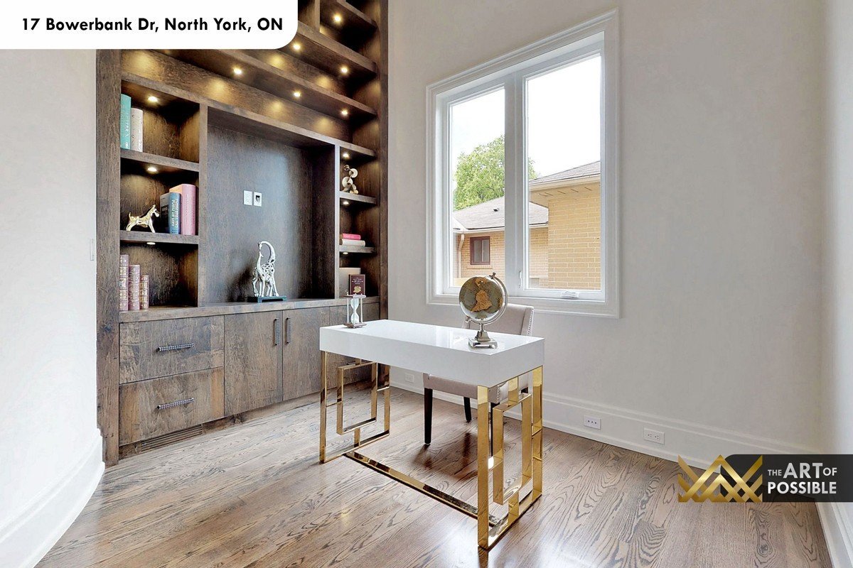 Home office with dark walnut LED-lit built-in shelving and hardwood floors at 17 Bowerbank Drive