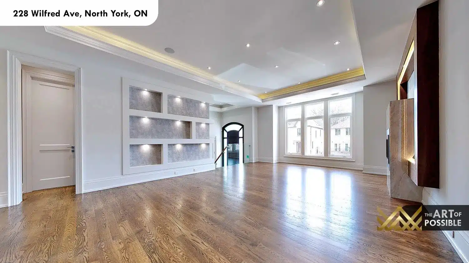 228 Wilfred Ave main floor living room tray ceiling gold cove LED built-in niches hardwood