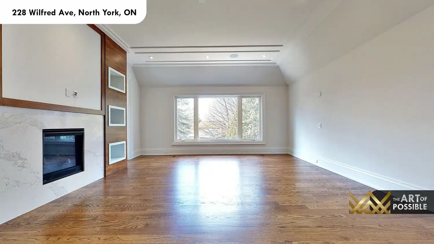 228 Wilfred Ave primary bedroom vaulted ceiling fireplace white quartz walnut accents