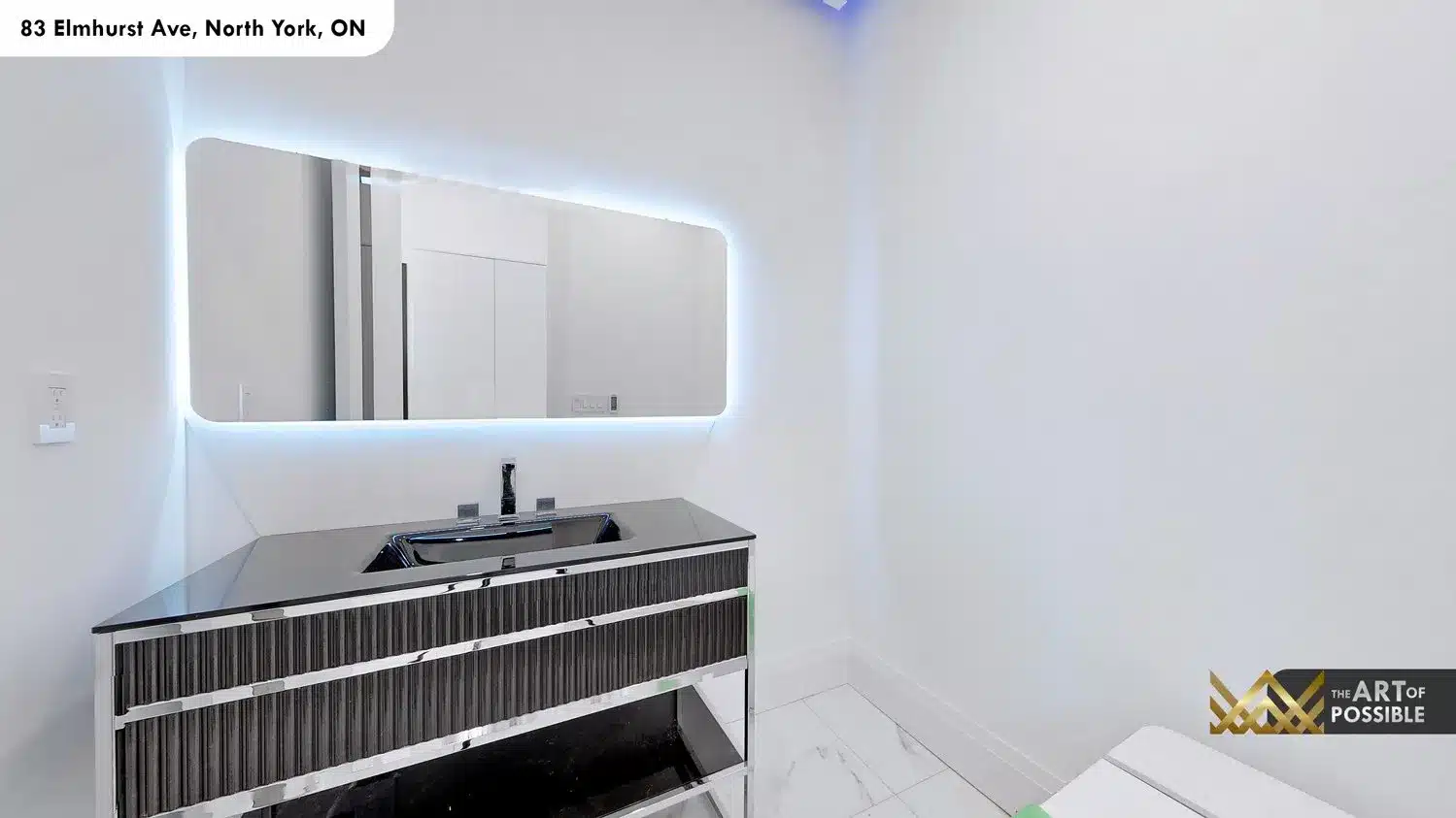 83 Elmhurst Ave North York powder bathroom dark vanity backlit LED mirror
