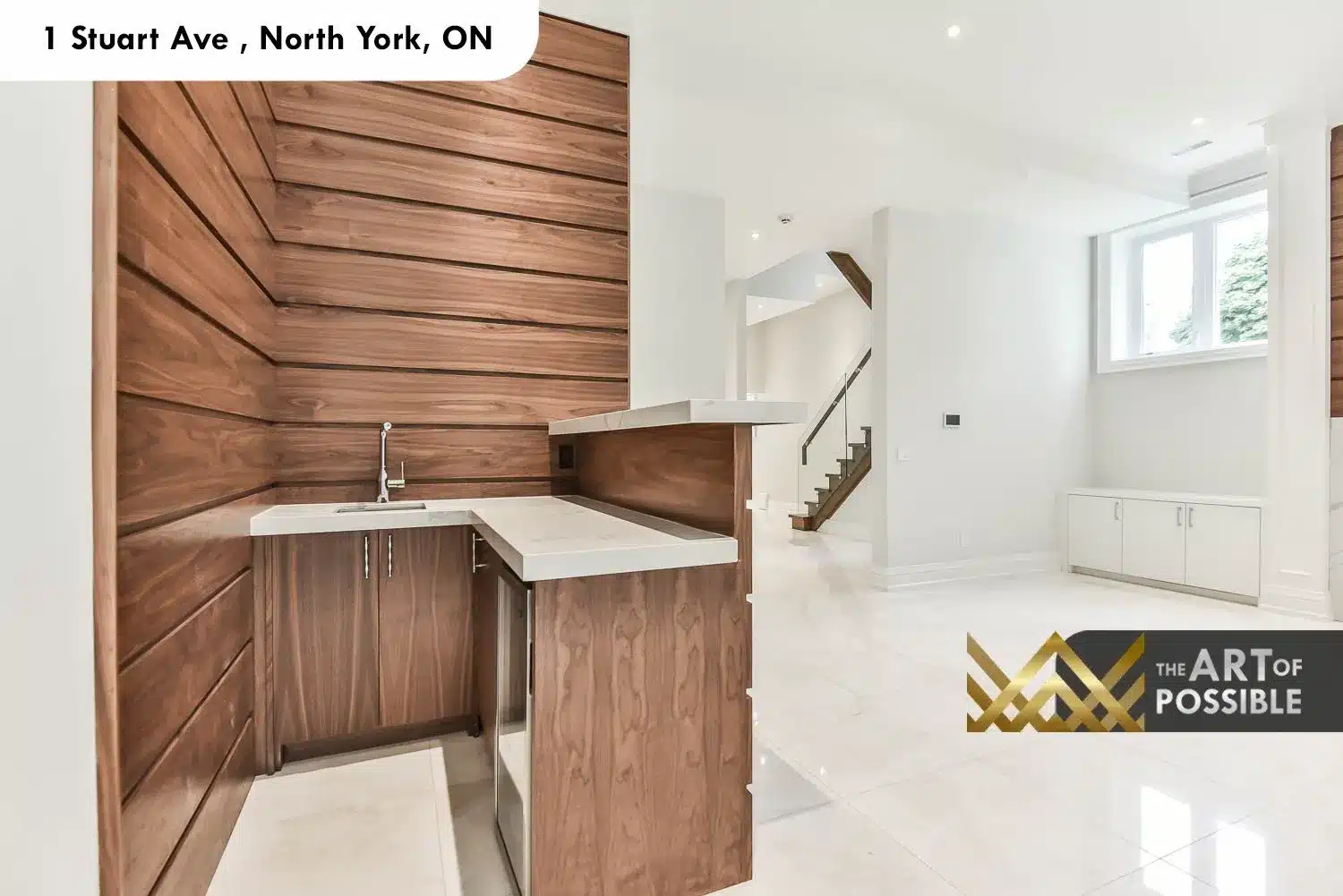 1 Stuart Ave basement wet bar walnut cabinetry second kitchen