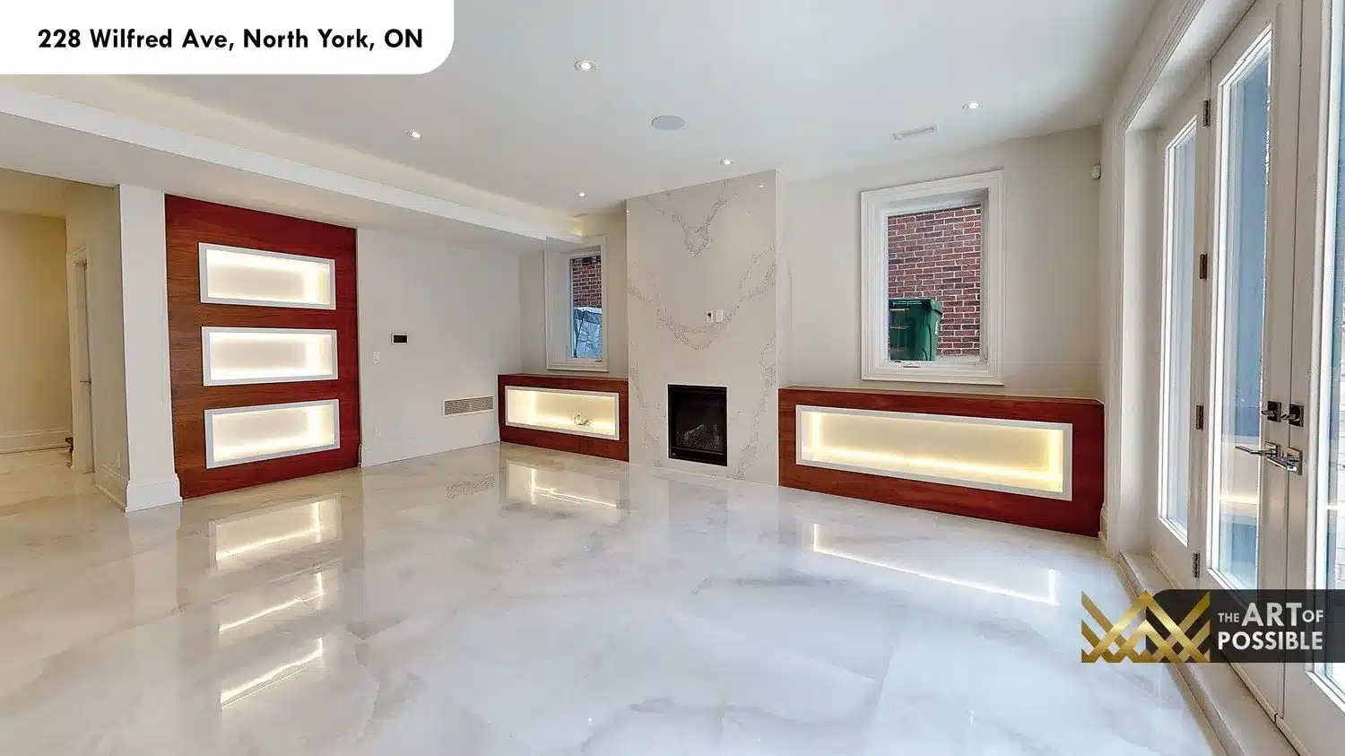 228 Wilfred Ave lower level rec room fireplace backlit walnut niches marble tile floors