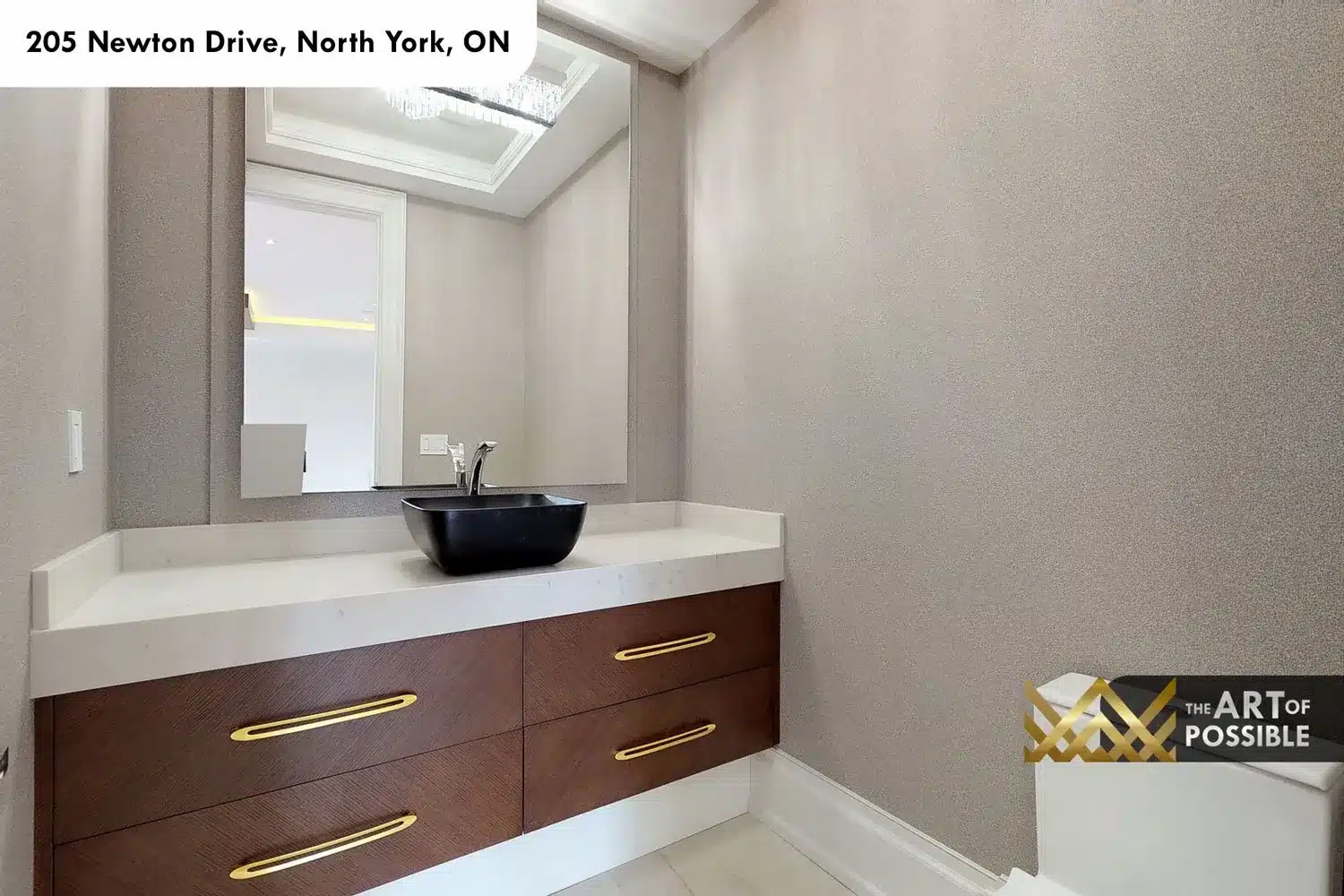 205 Newton Drive main floor powder room walnut vanity vessel sink gold hardware