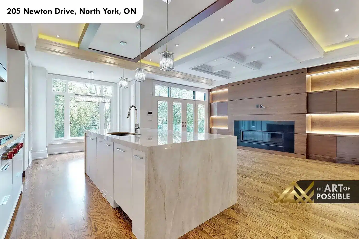 205 Newton Drive kitchen family room open plan coffered walnut beam ceiling