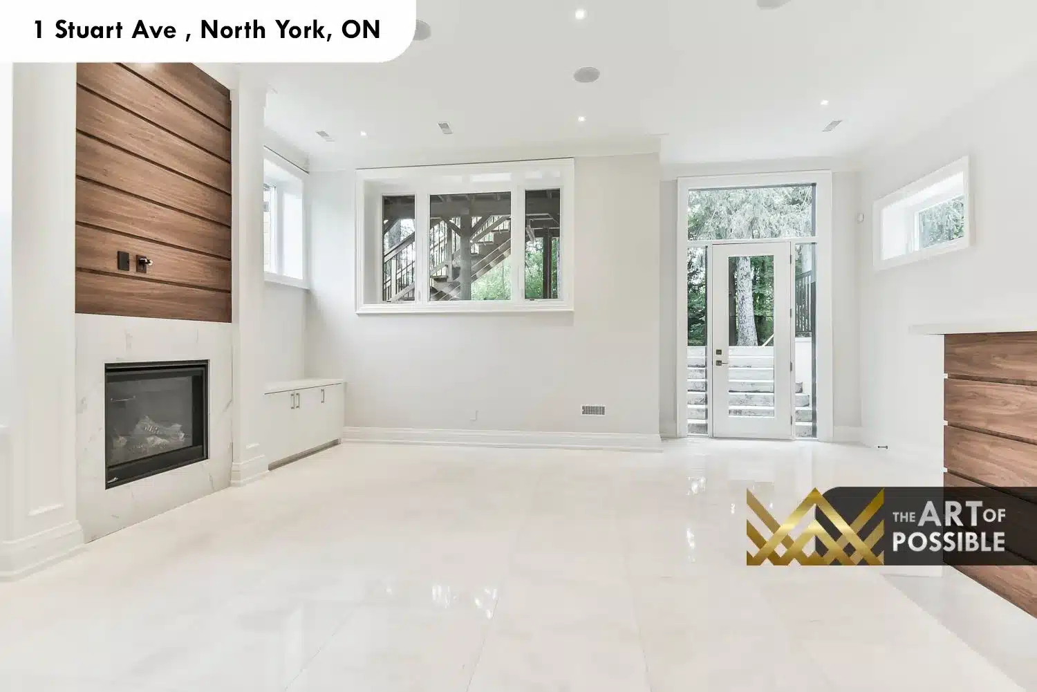 1 Stuart Ave basement recreation room walnut feature wall marble fireplace walkout