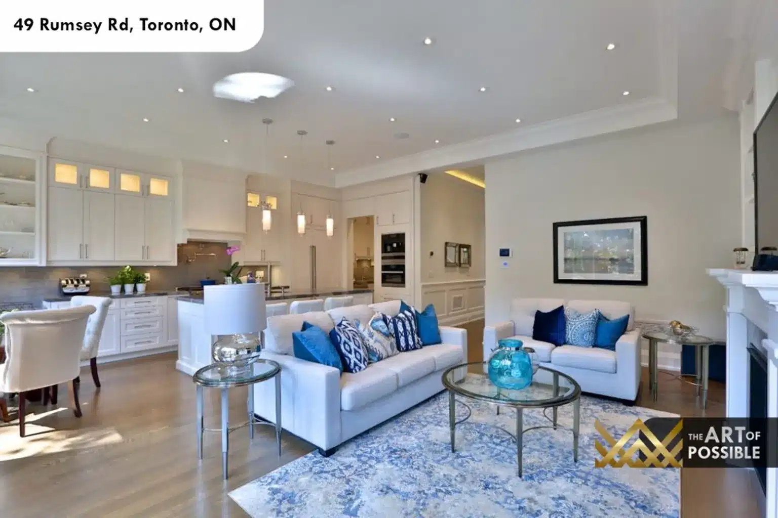 49 Rumsey Rd family room kitchen open plan fireplace built-in cabinetry