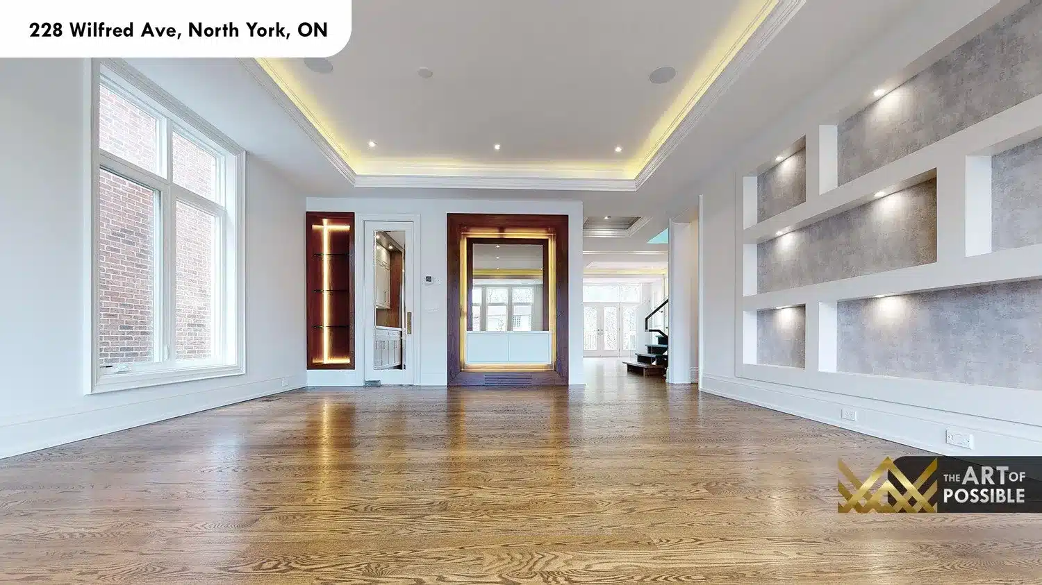 228 Wilfred Ave living room built-in wall niches walnut accented fireplace