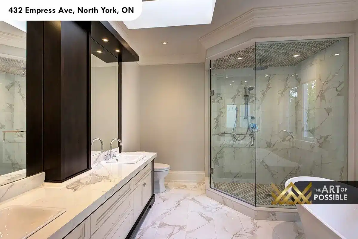 432 Empress Ave - primary ensuite marble shower with mosaic tile ceiling and skylight above