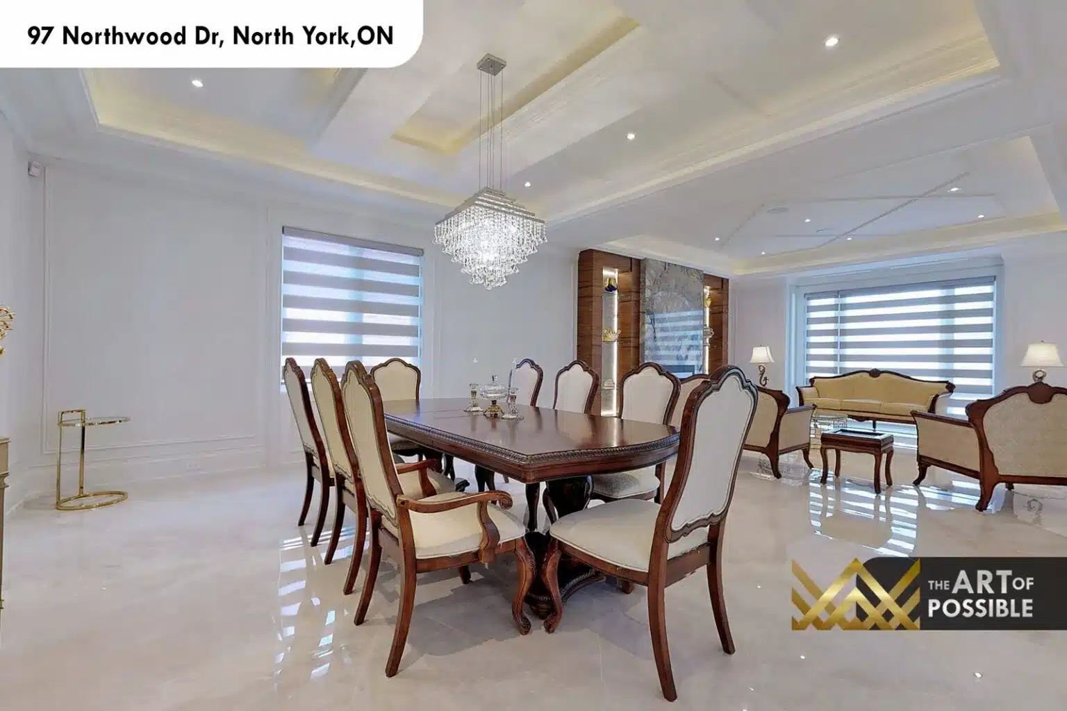 97 Northwood Dr formal dining room crystal chandelier coffered tray ceiling walnut feature wall