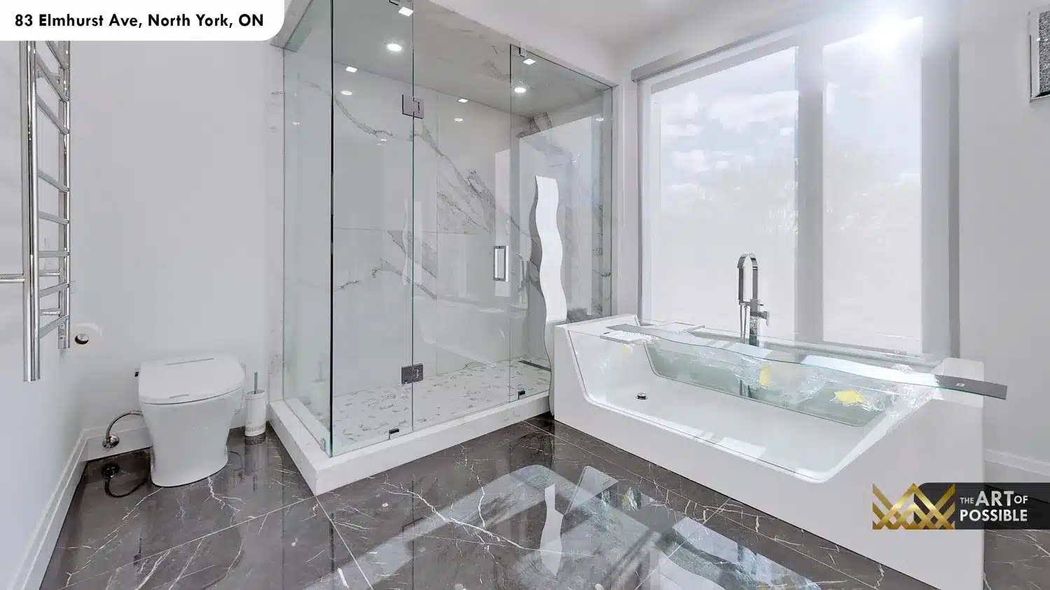 83 Elmhurst Ave North York ensuite glass soaker tub walk-in shower Calacatta marble