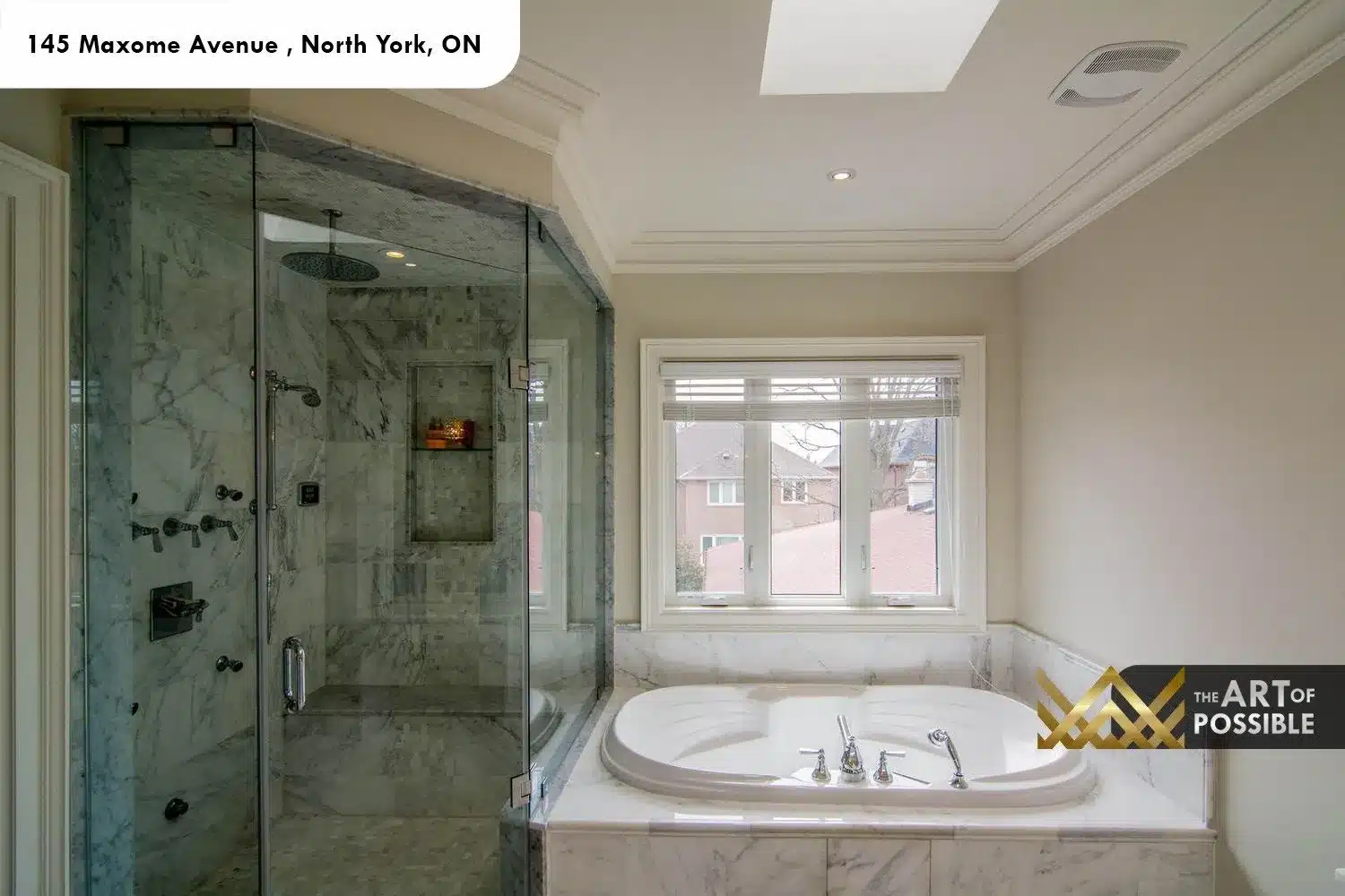 145 Maxome Avenue ensuite marble shower multi-jet rain head glass enclosure skylight soaker tub