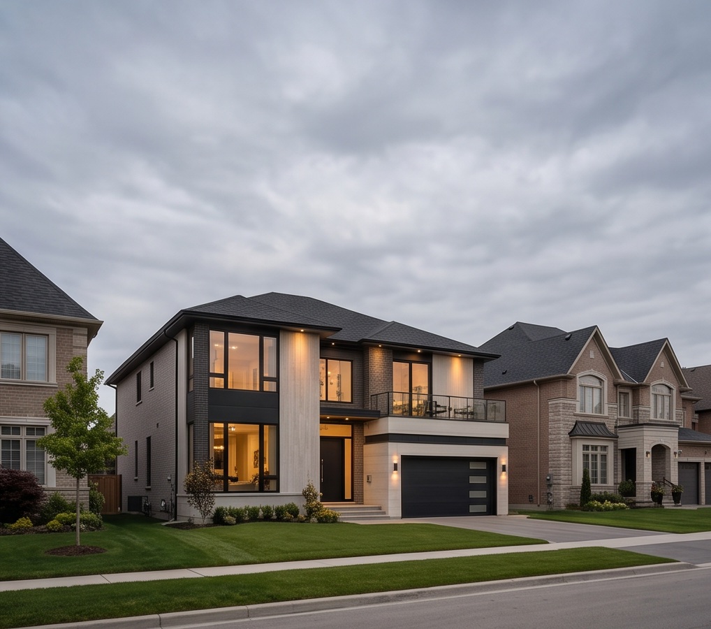 King City village-edge-inspired treed generous lot with gently rolling Ontario land and broad sky; no mountains, forest wilderness or unverified exact street.