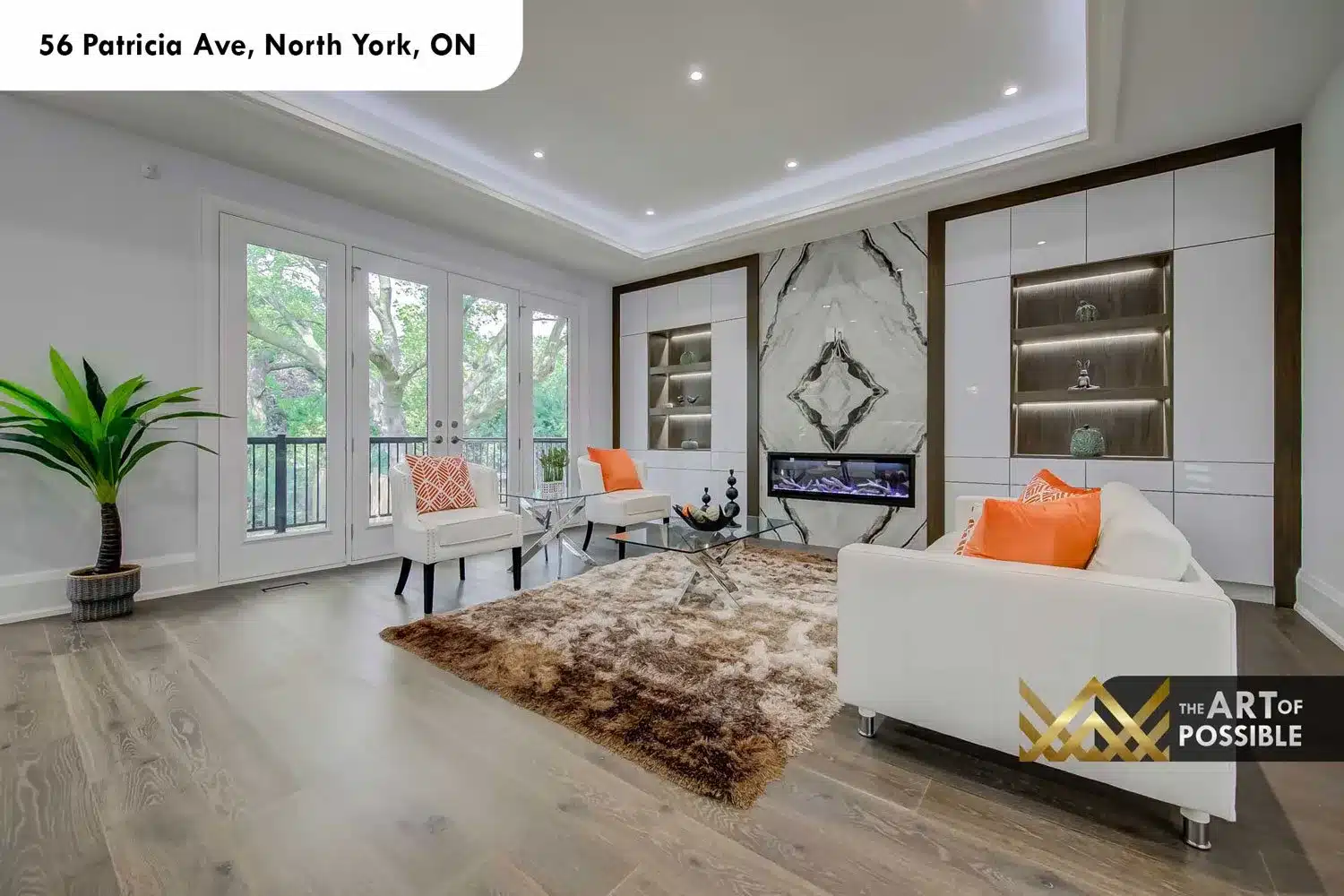 Family room showing French door access to deck at 56 Patricia Ave