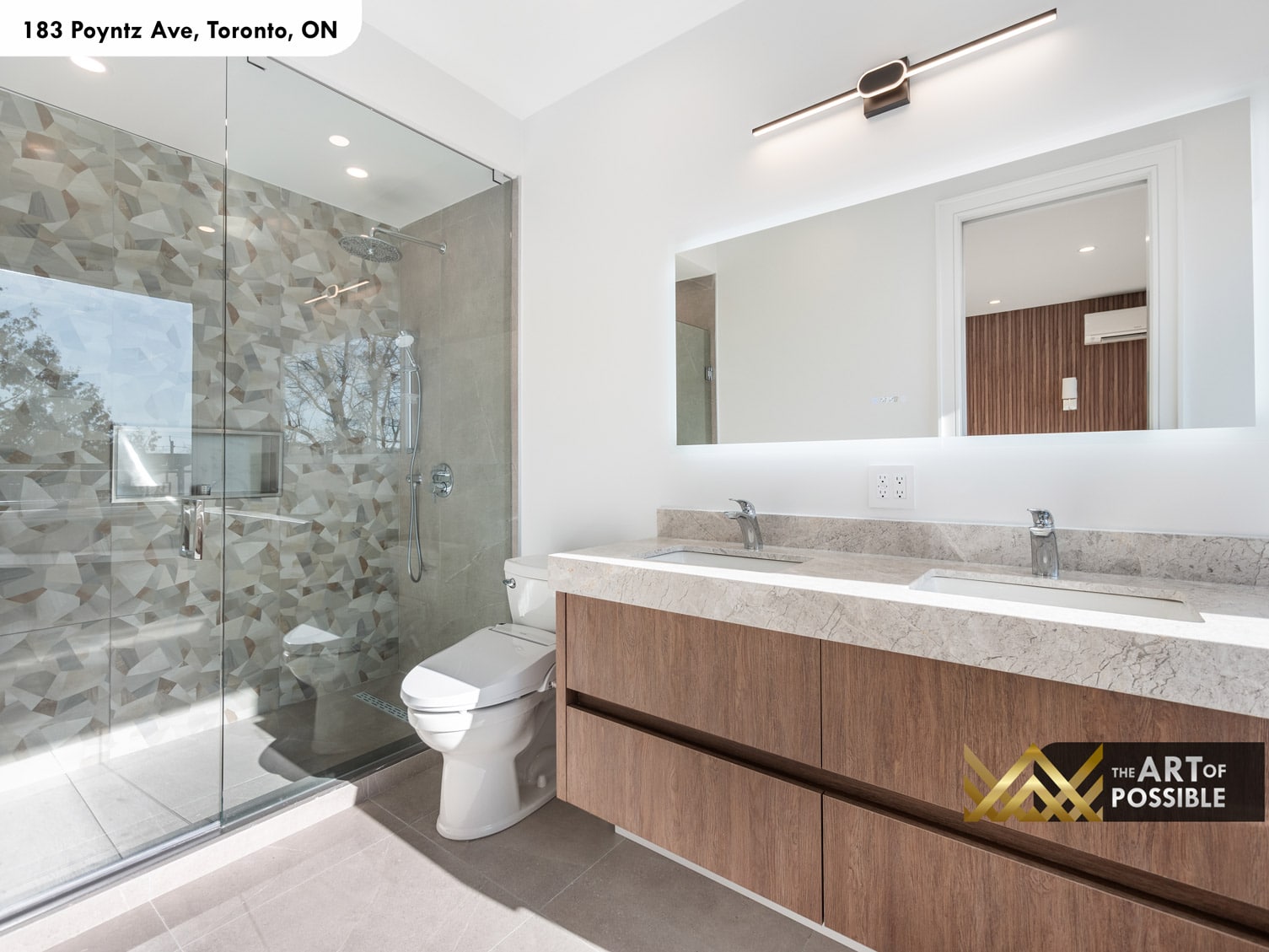 183 Poyntz Ave North York primary ensuite shower with geometric mosaic tile glass enclosure and marble countertop double vanity