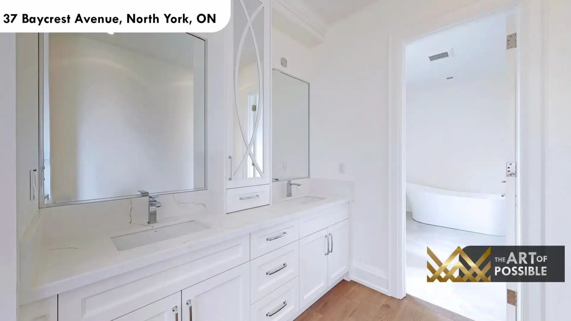 37 Baycrest Ave primary ensuite double vanity quartz white cross mirror cabinet freestanding soaker tub