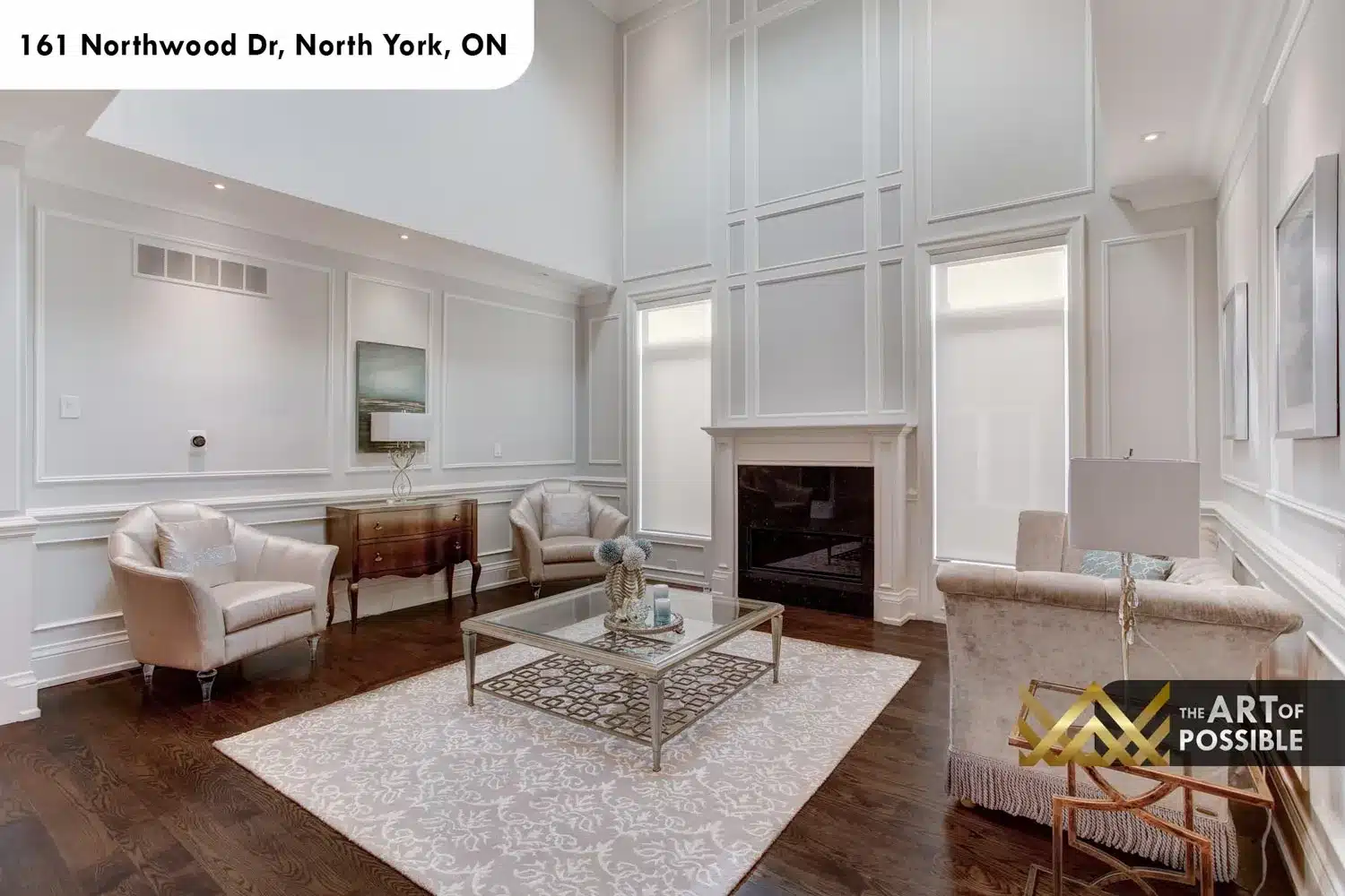 161 Northwood Dr North York living room double height ceiling white marble fireplace wainscoting