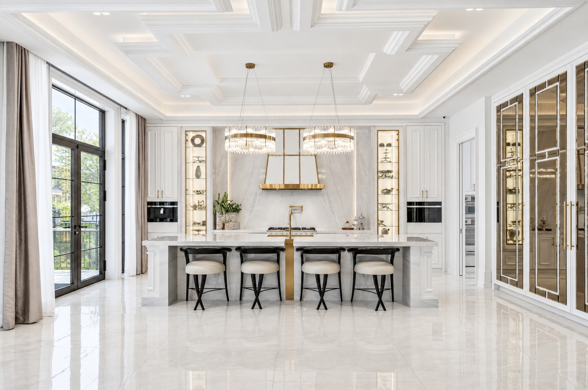 White marble waterfall island kitchen with crystal drum chandeliers and brass-trimmed range hood