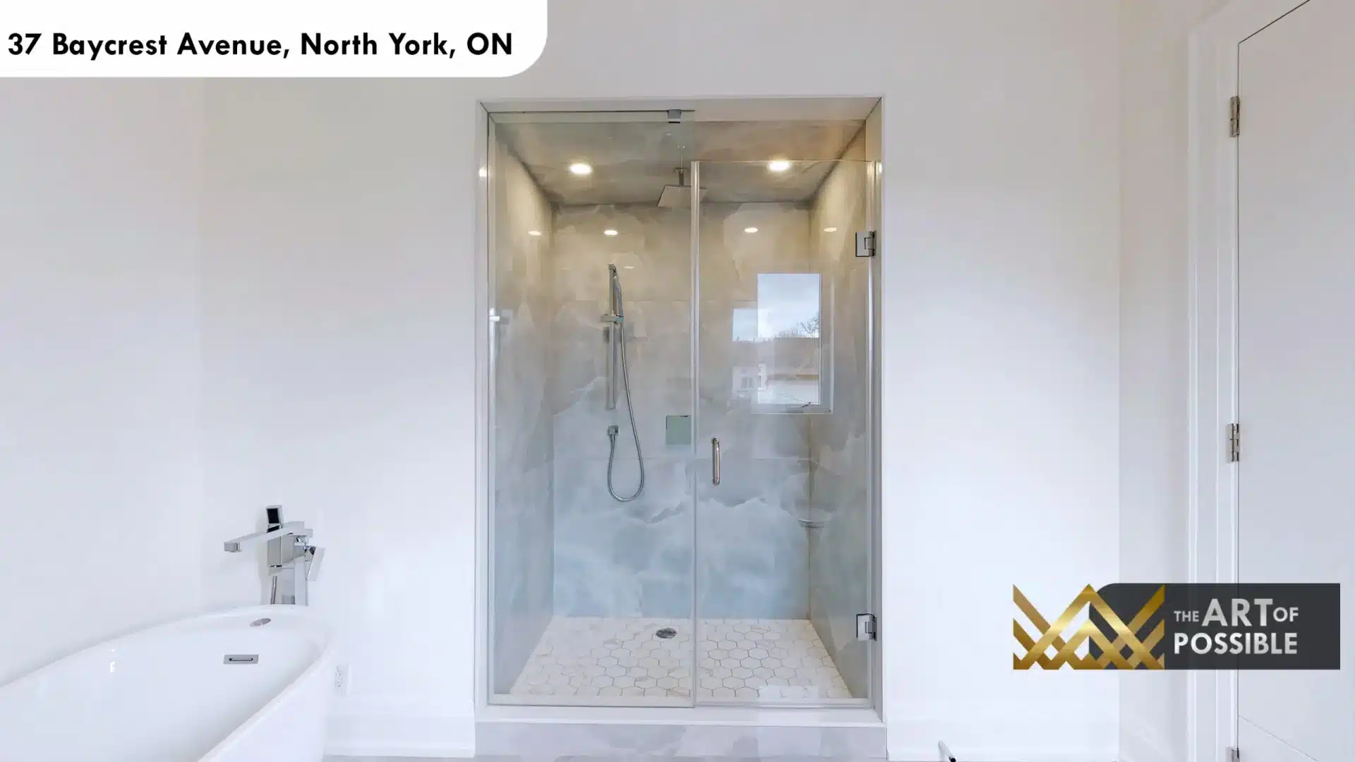 37 Baycrest Ave primary ensuite glass shower grey marble porcelain tile hex mosaic floor soaker tub chrome