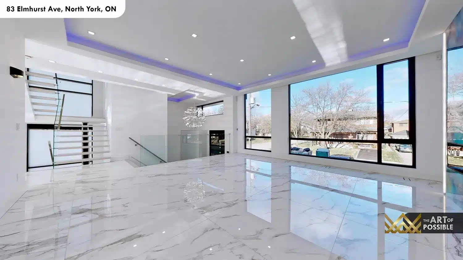 83 Elmhurst Ave North York living room LED tray ceiling marble floor glass staircase