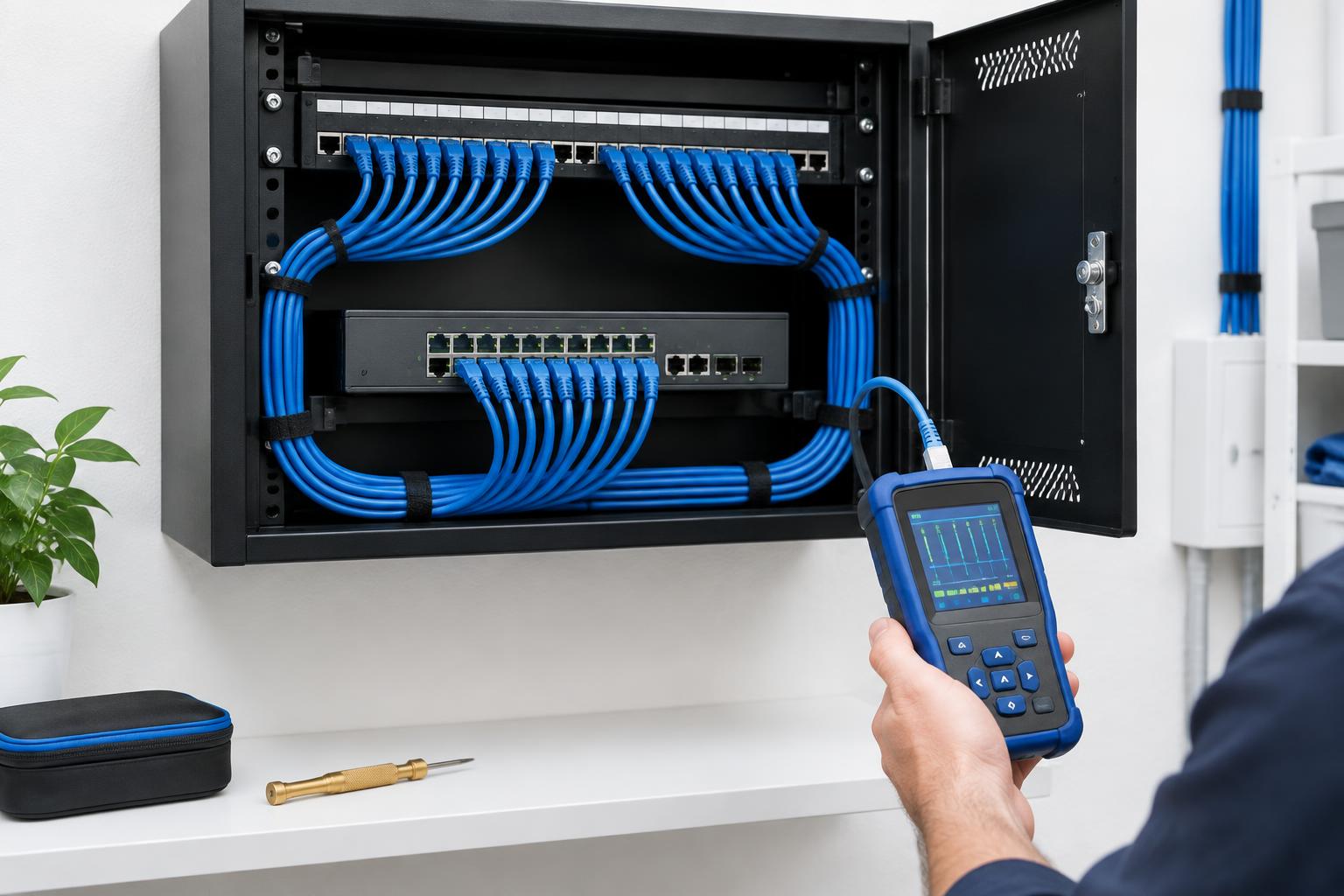 A dedicated structured-wiring and network room with organised racks
