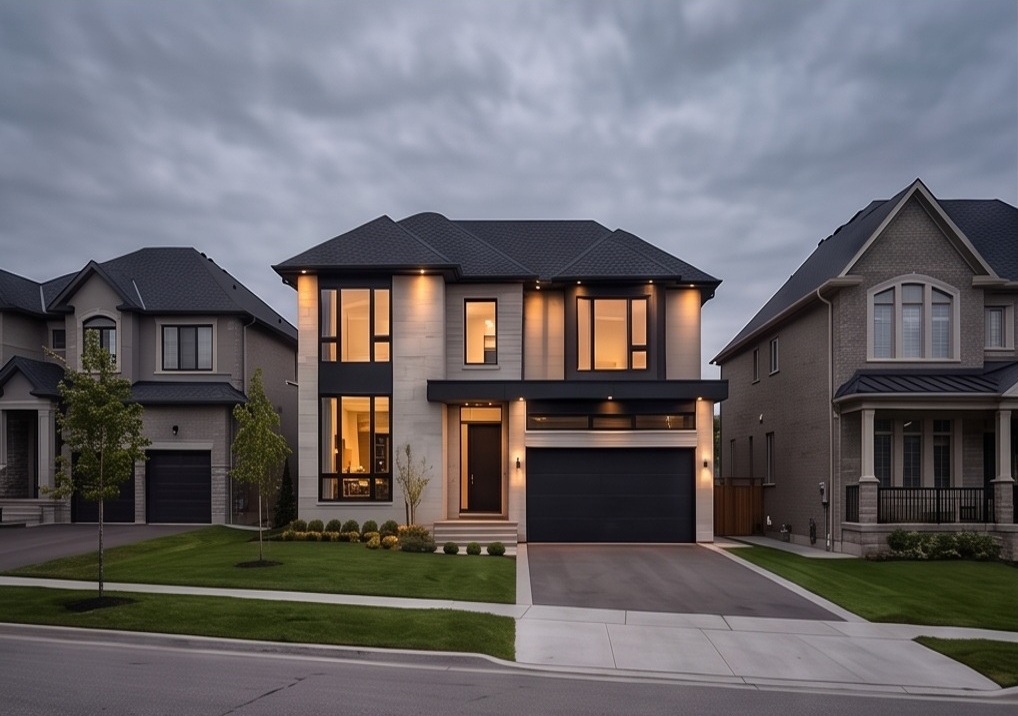 Kleinburg-area-inspired suburban-edge street, gentle terrain and generous but believable frontages; modern stone house, no rural mountains or invented village landmarks.