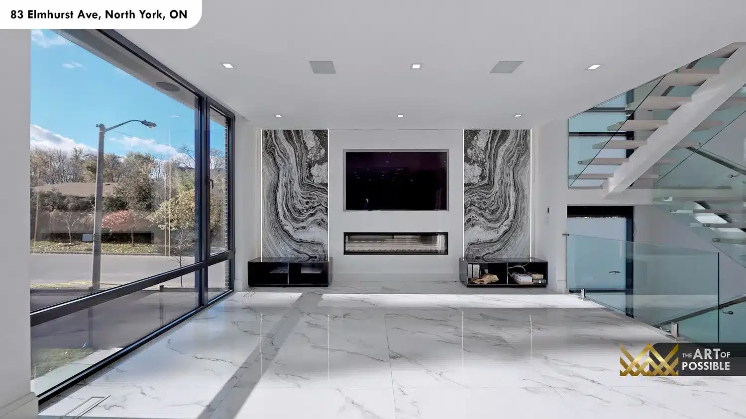 83 Elmhurst Ave North York living room marble slabs fireplace floor-to-ceiling windows