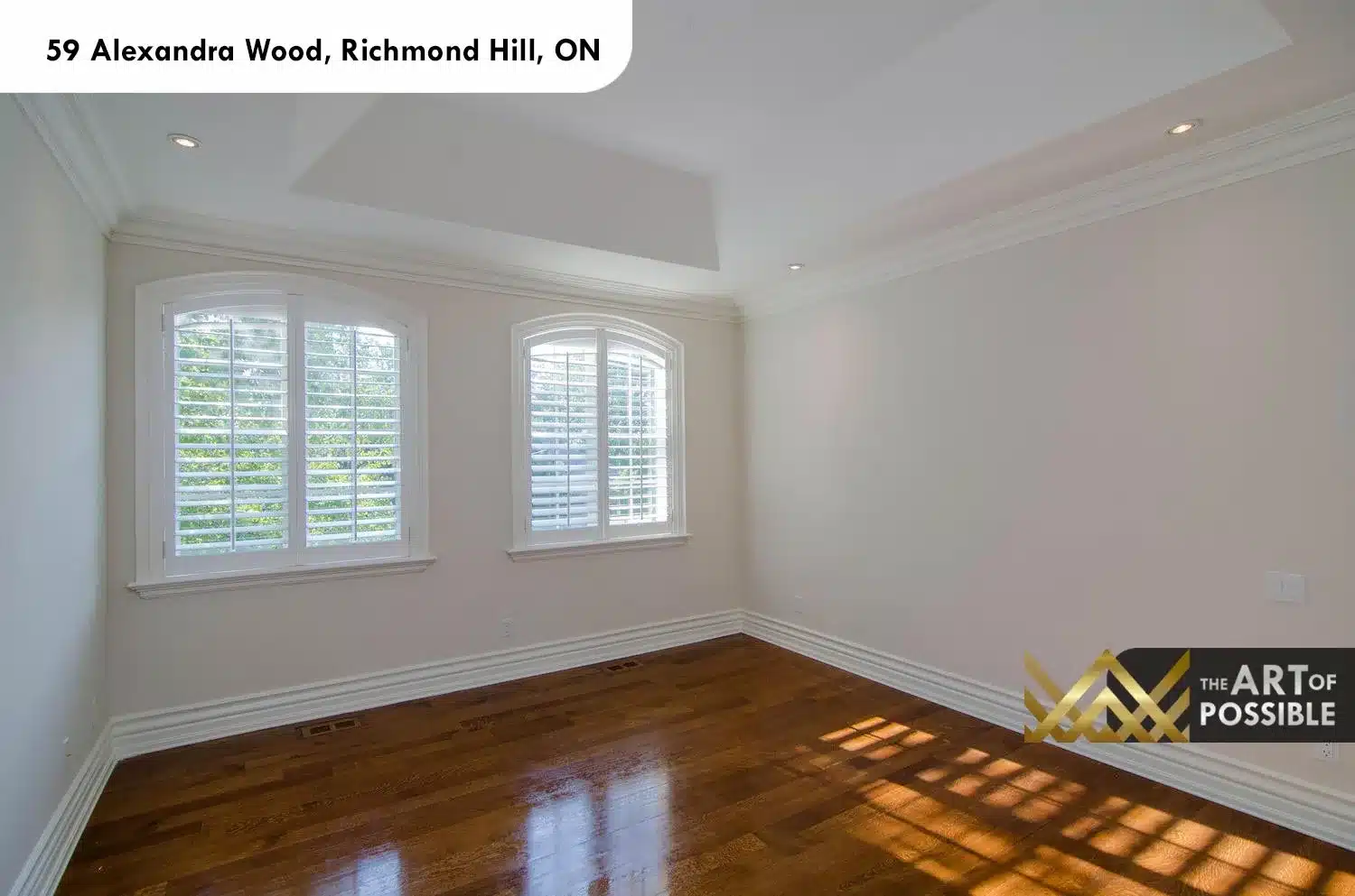 59 Alexandra Wood North York primary bedroom tray ceiling arched windows plantation shutters hardwood