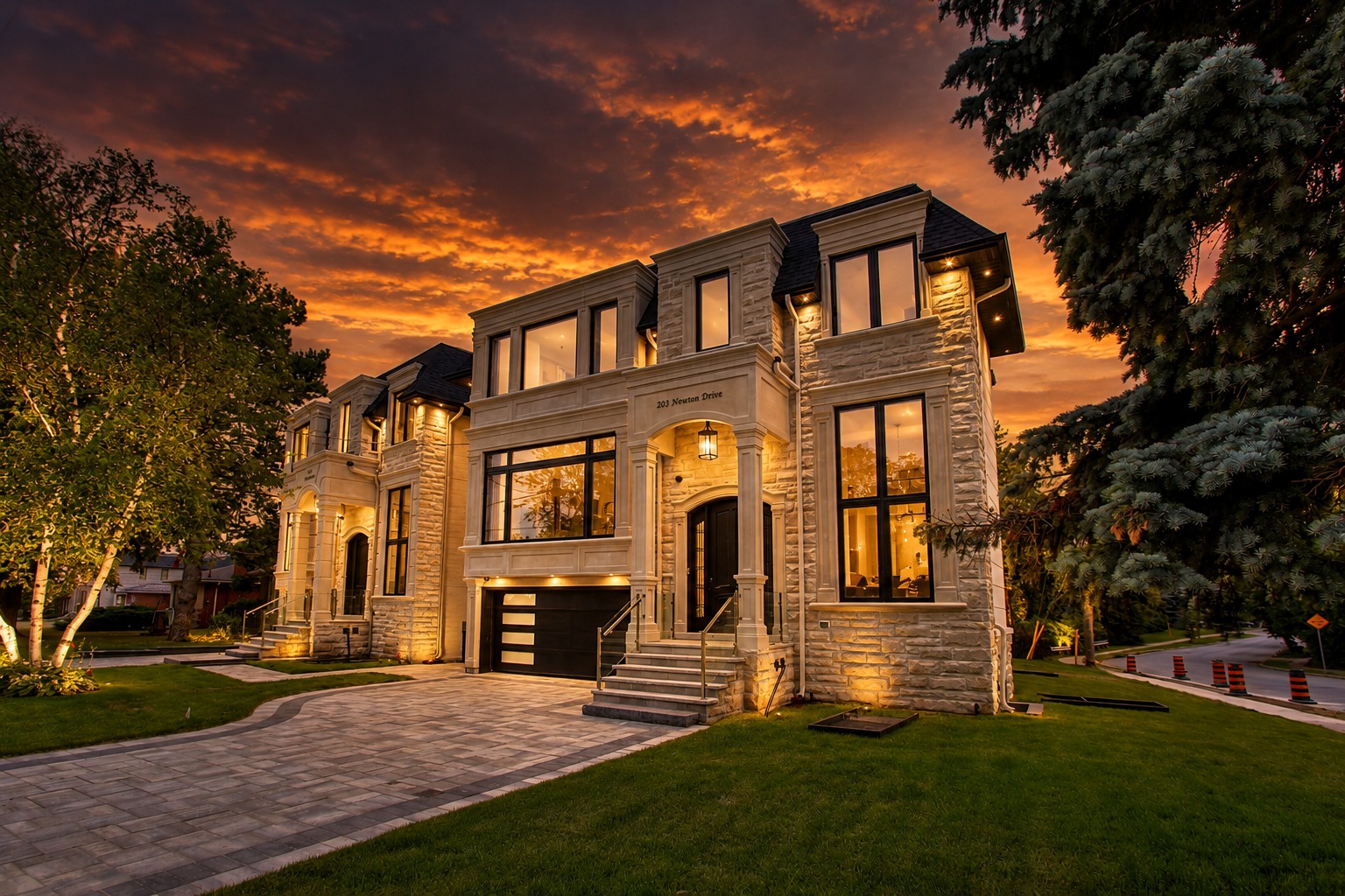 Front elevation of the KingsGate residence at 203 Newton Drive at twilight, with exterior uplighting and a stone driveway