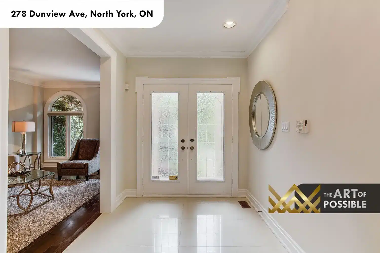 278 Dunview Ave foyer, frosted glass entry doors and polished tile floor