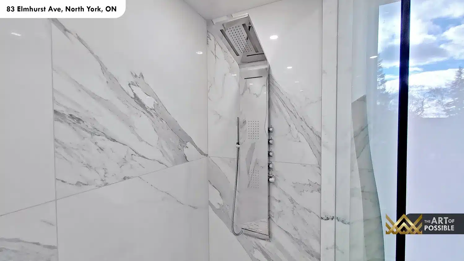 83 Elmhurst Ave North York ensuite shower tower panel rain head Calacatta marble wall