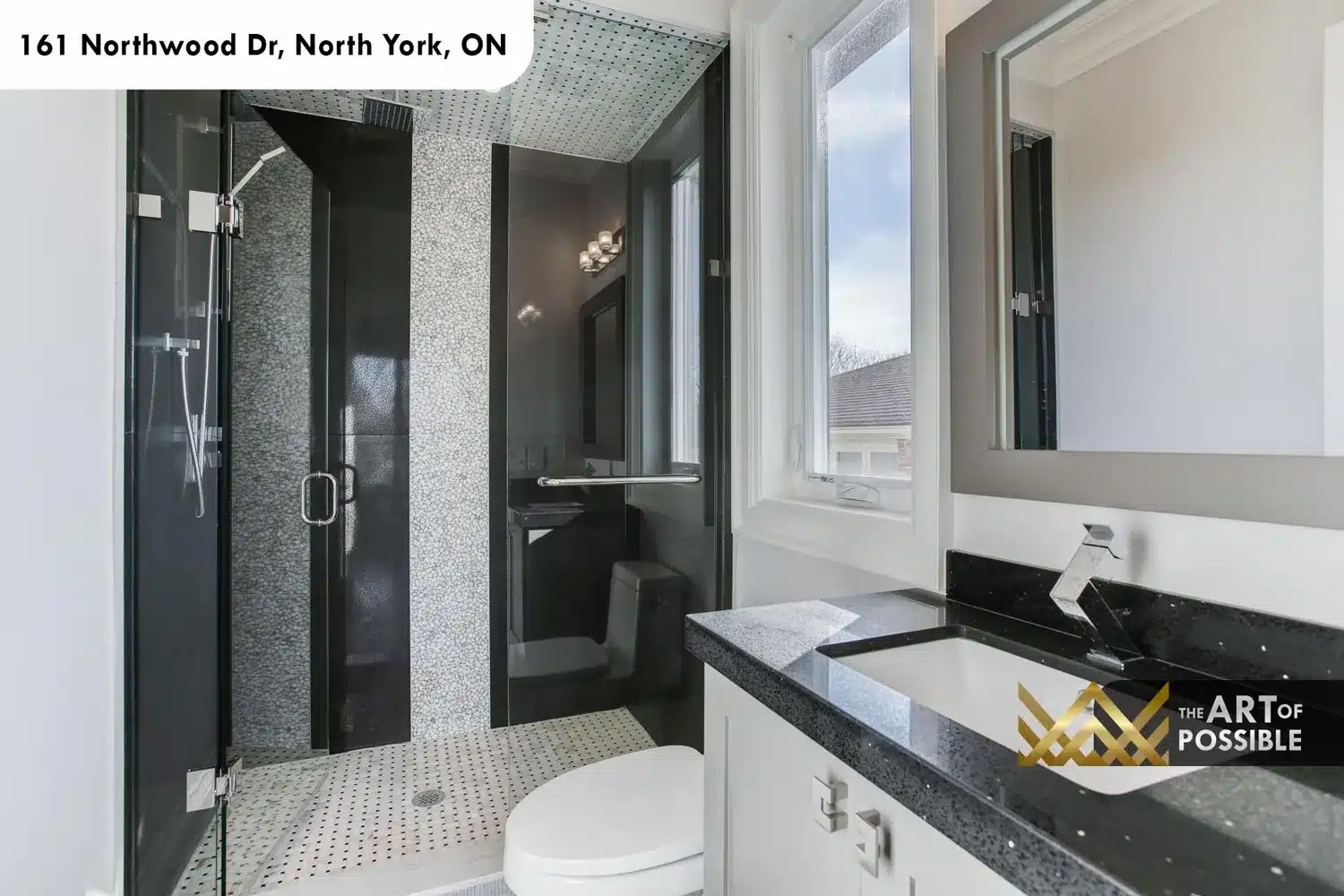 161 Northwood Dr North York secondary ensuite black mosaic tile shower black granite vanity basket weave floor
