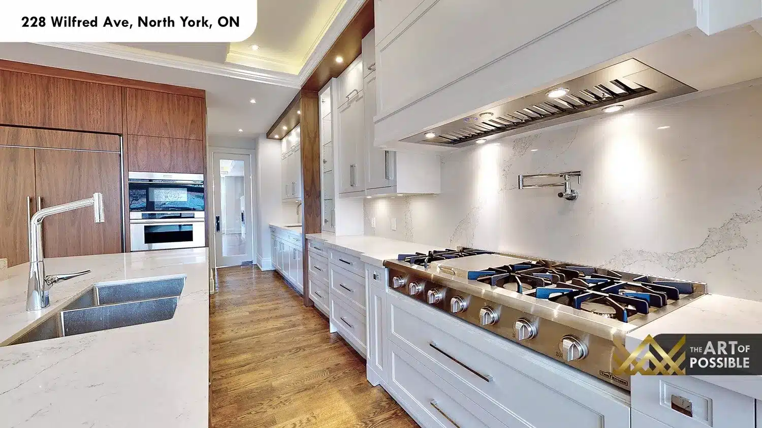 228 Wilfred Ave kitchen stainless range hood shaker cabinets walnut panel accents