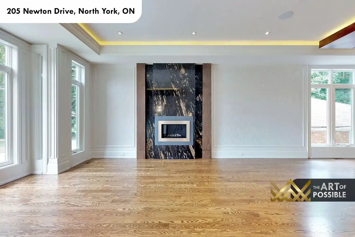 205 Newton Drive formal living room dark marble fireplace surround gold veining