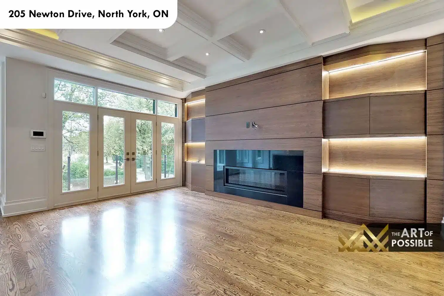 205 Newton Drive family room walnut panel wall fireplace LED shelving
