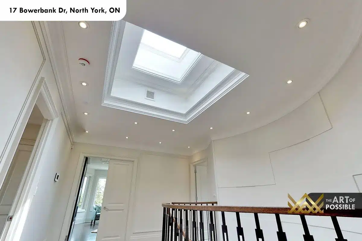 Square skylight with stepped coffered plaster moulding above the upper staircase landing at 17 Bowerbank Drive