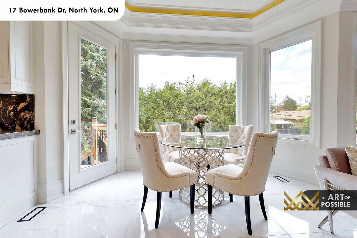 Breakfast nook with octagonal bay window and gold tray ceiling at 17 Bowerbank Drive