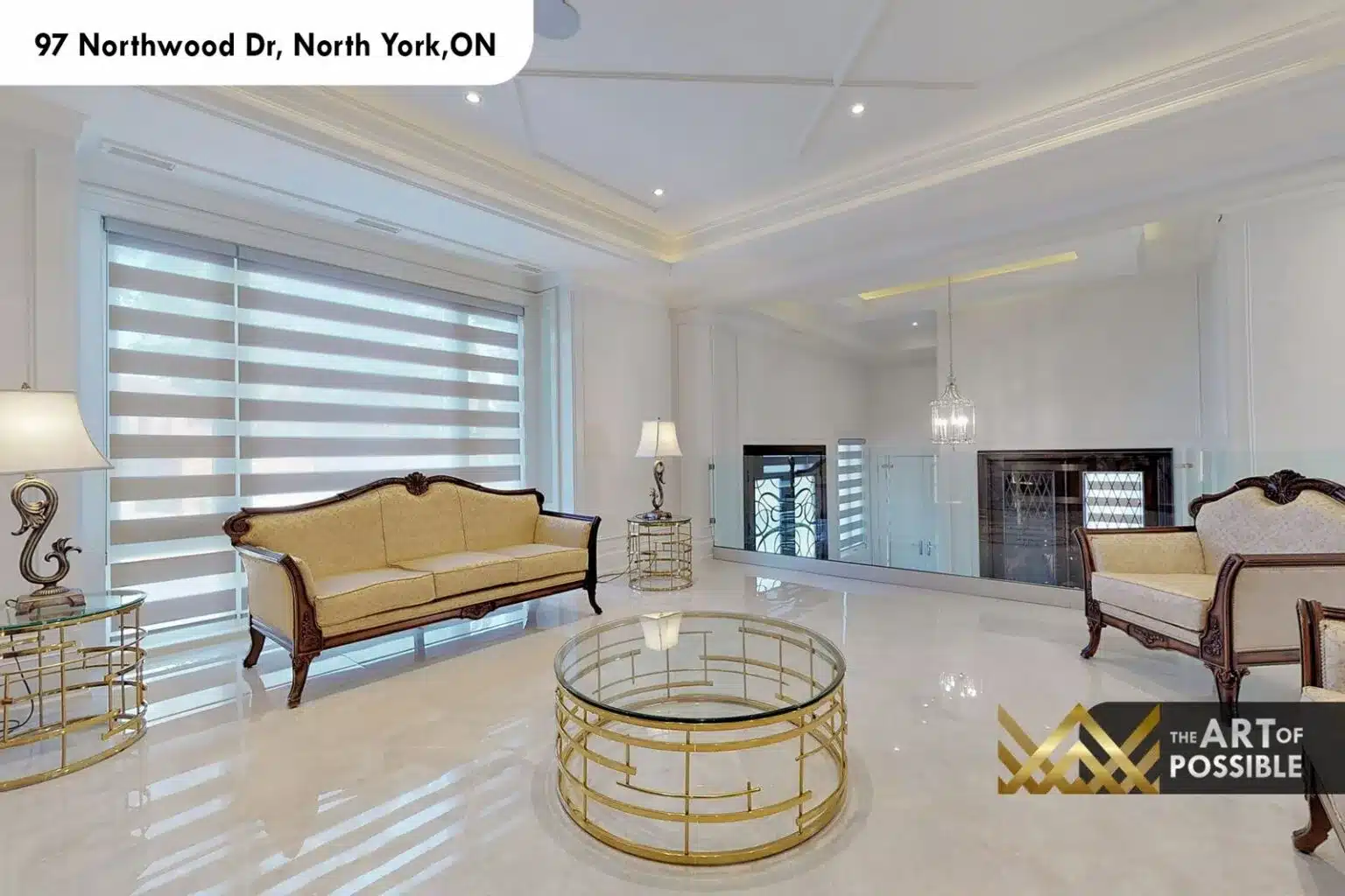97 Northwood Dr main floor living room gold coffee table large windows marble floors